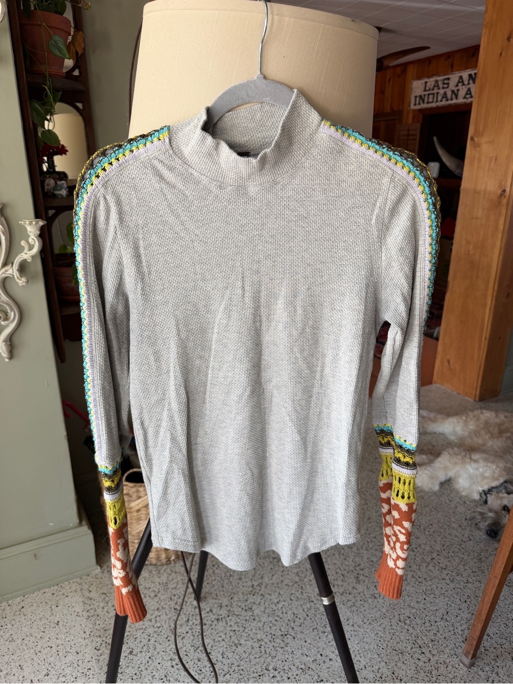 Free People Waffle Knit and Crochet Mock Neck Top